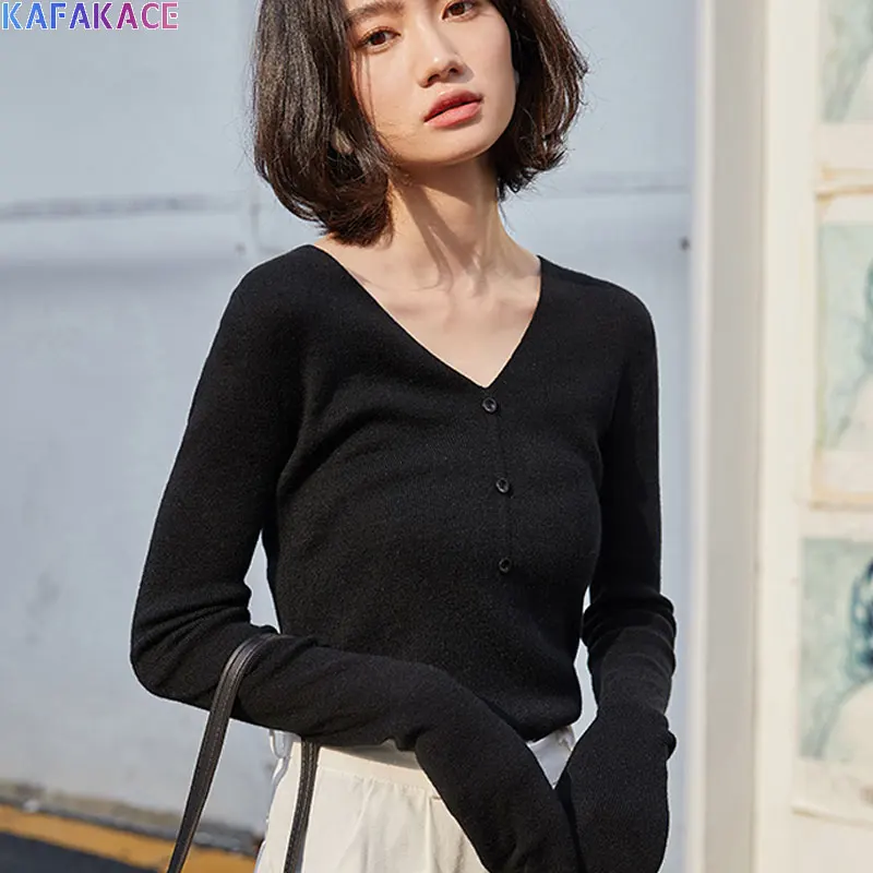 

KAFAKACE 2020 Women Sweater Solid Knitting V-Neck Tops&Tees Casual Show Thin Buttons Fashion Wool Sweaters Pullover Women Tops