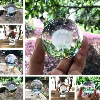 

60mm Laser Engraved dandelion crystal Ball 3D Four Leaf Clover Sphere Glass Globe Ornament Home Decor Gift for birthday present