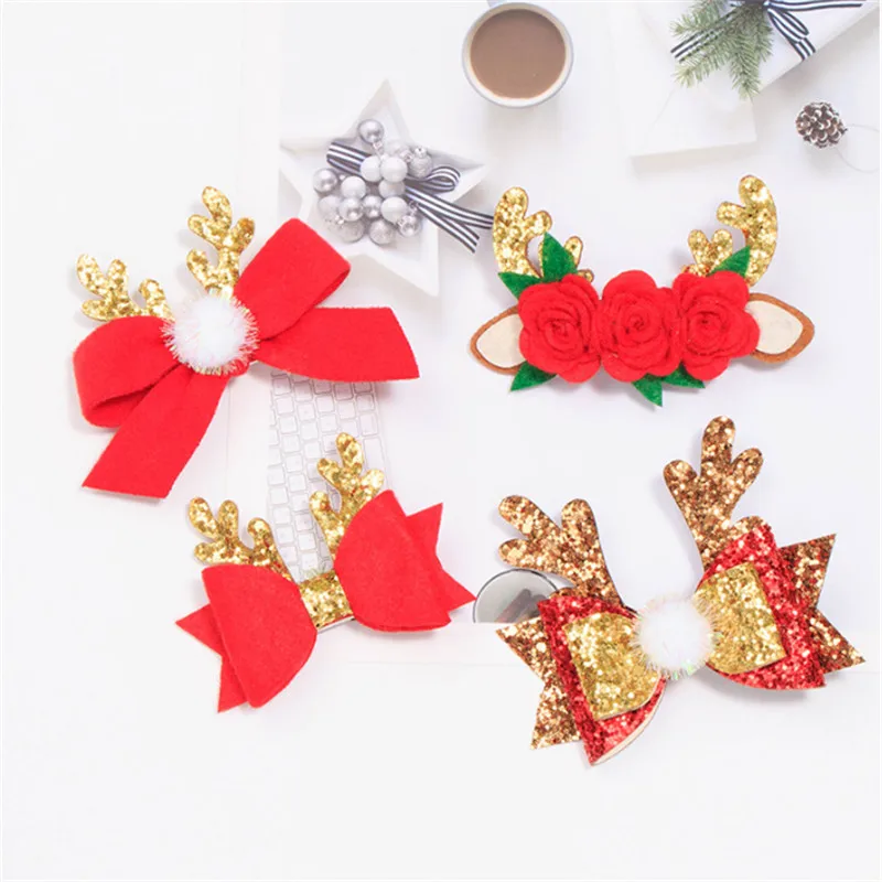 10pcs/lot New Kids Cartoon Hair Accessories Christmas Flower Pentagram High Quality Girls Clips Children Antler Bow Hairpin |