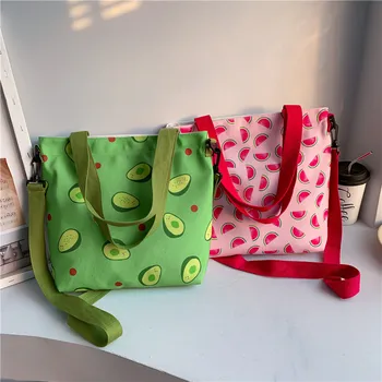 

Portable Large Capacity Canvas Bag Girl Messenger Bag Ins Harajuku Avocado Peach Pattern Canvas Bag Sweet Fashion Handbags