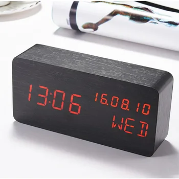 

Wood Digital LED Alarm Clock with Voice Control Multifunction Calendar Table Clock for Bedroom Decoration Electronic Desk Watch