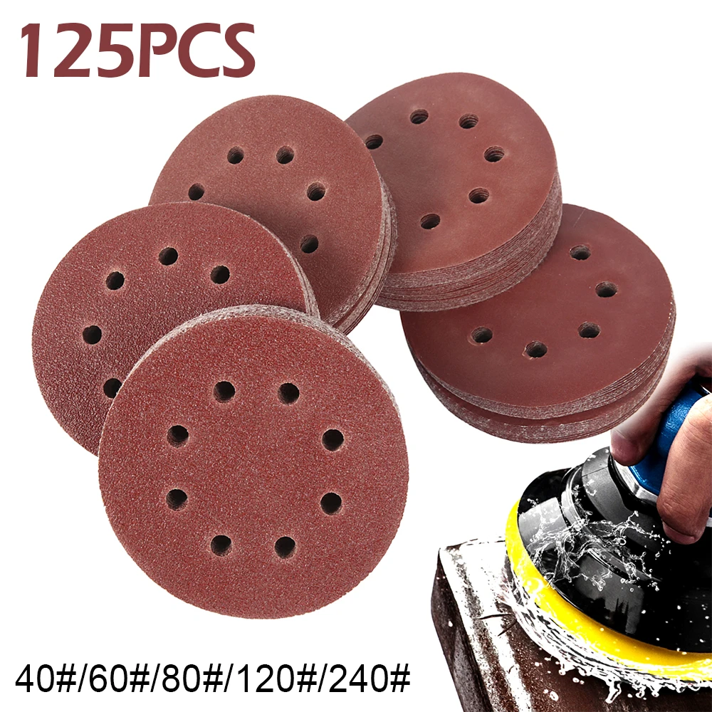125pcs Round Shape Sanding Discs Buffing Sheet Sandpaper 8 Hole Sander