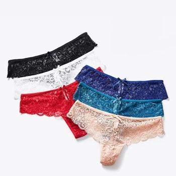 

2 Pcs Sexy Lace Thong Low Waist Lace Transparent Panties Women Hollow Out Breathable G String Briefs Underwear Lingerie