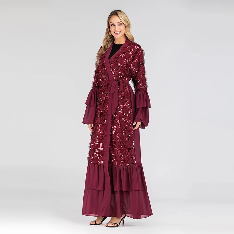 Red cardigan Sequin открыть абайя кимоно Дубай мусульманское платье Абая для женщин хиджаб платье ислам марокканский кафтан турецкая исламская одежда кафтан - Цвет: Red cardigan