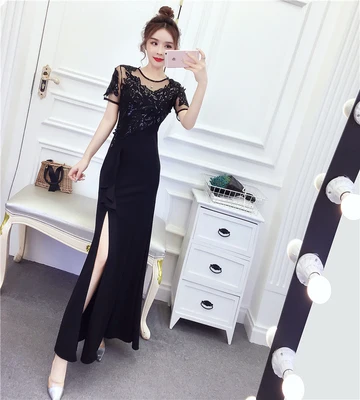 black long Платье подружки невесты, светильник синего цвета, красное, Vestido Azul Marino, длинное, для гостей, для свадебной вечеринки, для женщин, с вышивкой, с оборками, черное платье для ужина - Цвет: black long