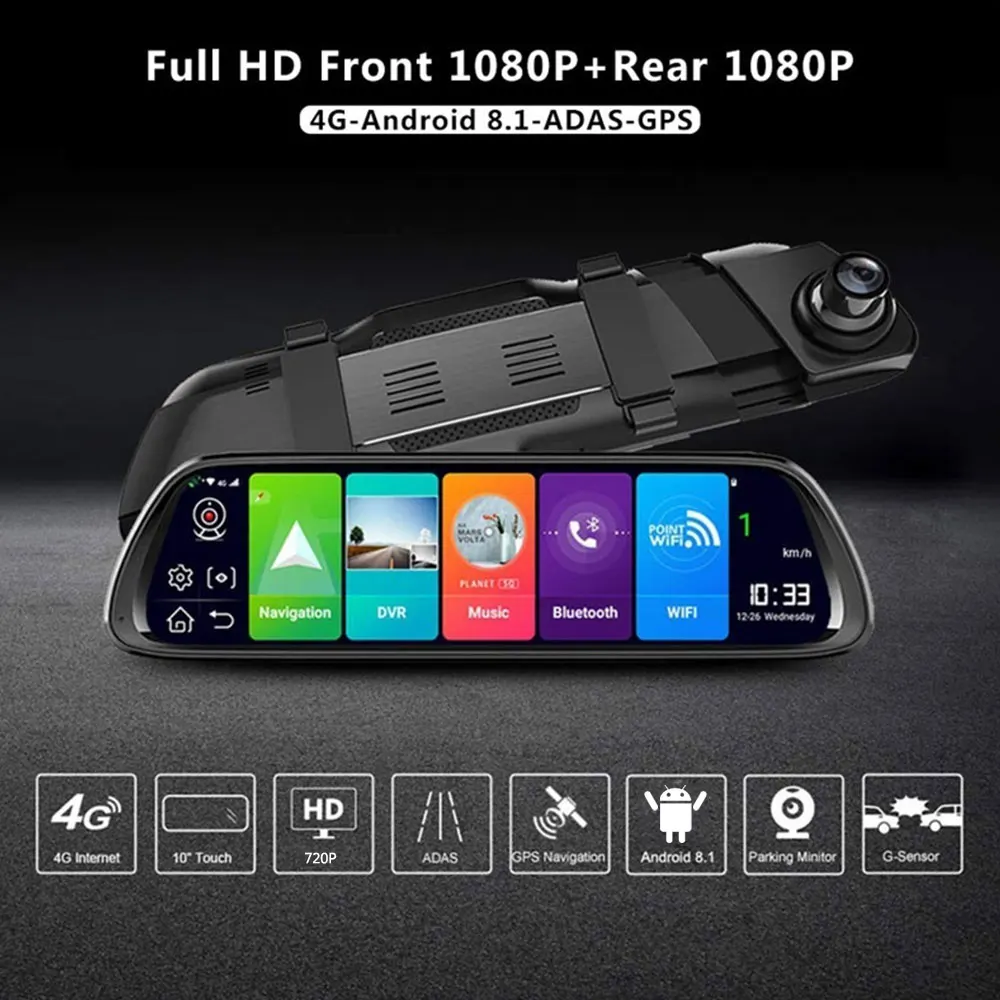 Автомобильный видеорегистратор DashCam 1" 4G ADAS Android 8,1 WiFi камера с зеркалом заднего вида HD 1080P двойной объектив видеорегистратор gps навигация мультимедийный плеер