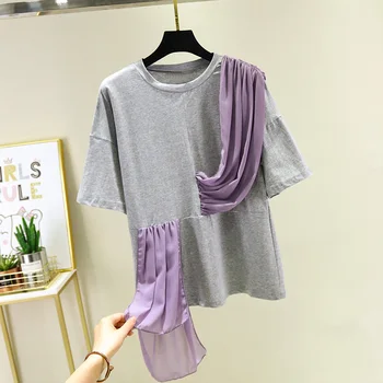 

Short Sleeve T-shirt Female 2020 Summer New Loose Cool Design Side Pleated Chiffon Stitch Tshirt Girls Ladies Grey Top Tee