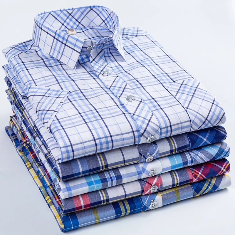 

2020 New Men Fashion Slim Summer Thin Short Sleeve Pure Cotton Plaid Loose Large Male Dress Shirts Smart Casual Plus Size