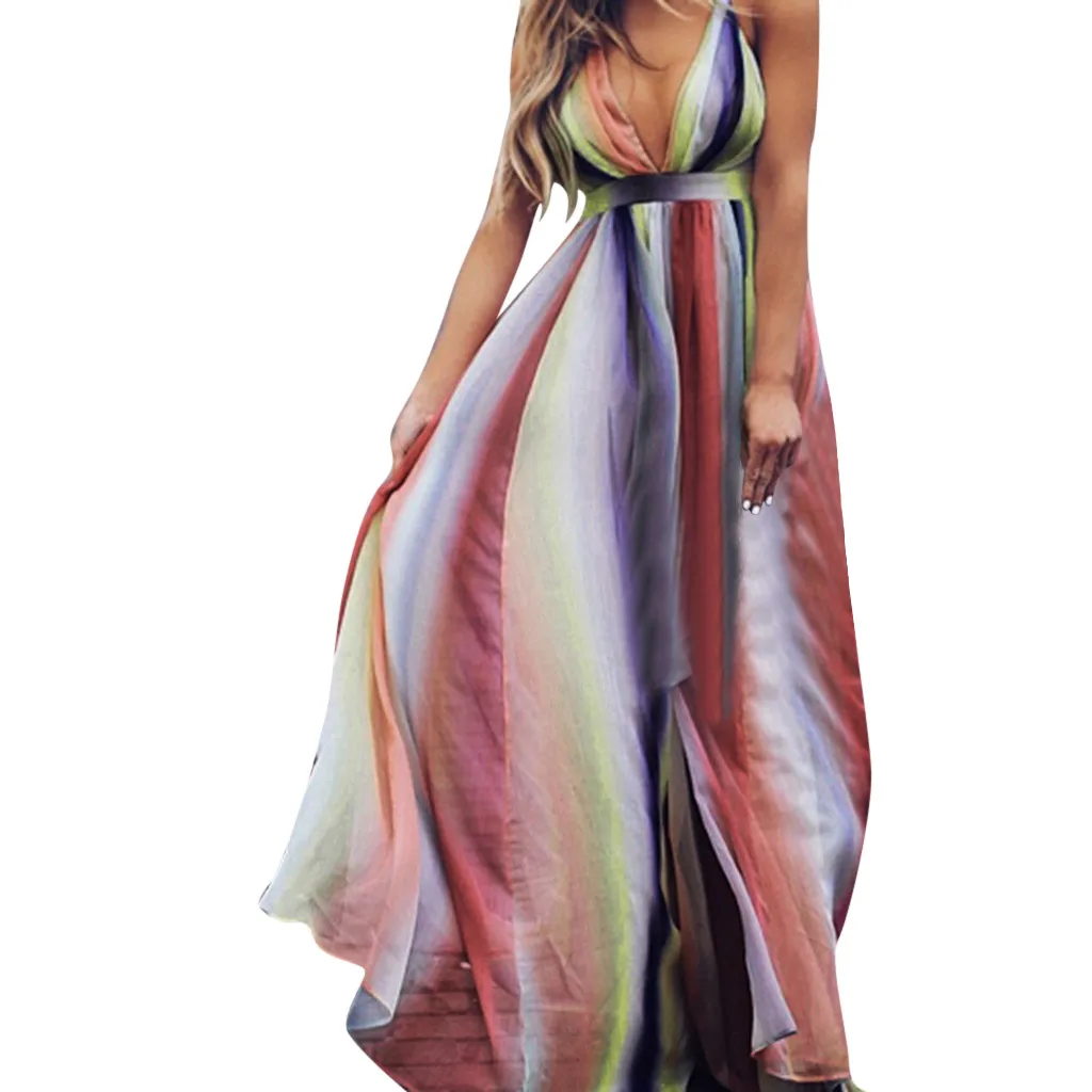 

Women'S Spring And Summer Open Back Bohemian Printed Chiffon Dress Rainbow Striped Front Split Dress Deep V Sexy Dress Z0114