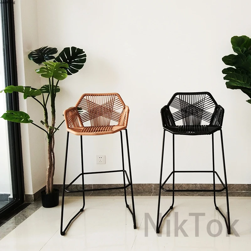Nordic Bar Stool simple Modern High Feet Stool Rattan Chair Leisure Backrest Simple Household Bar Chair Creative Stools