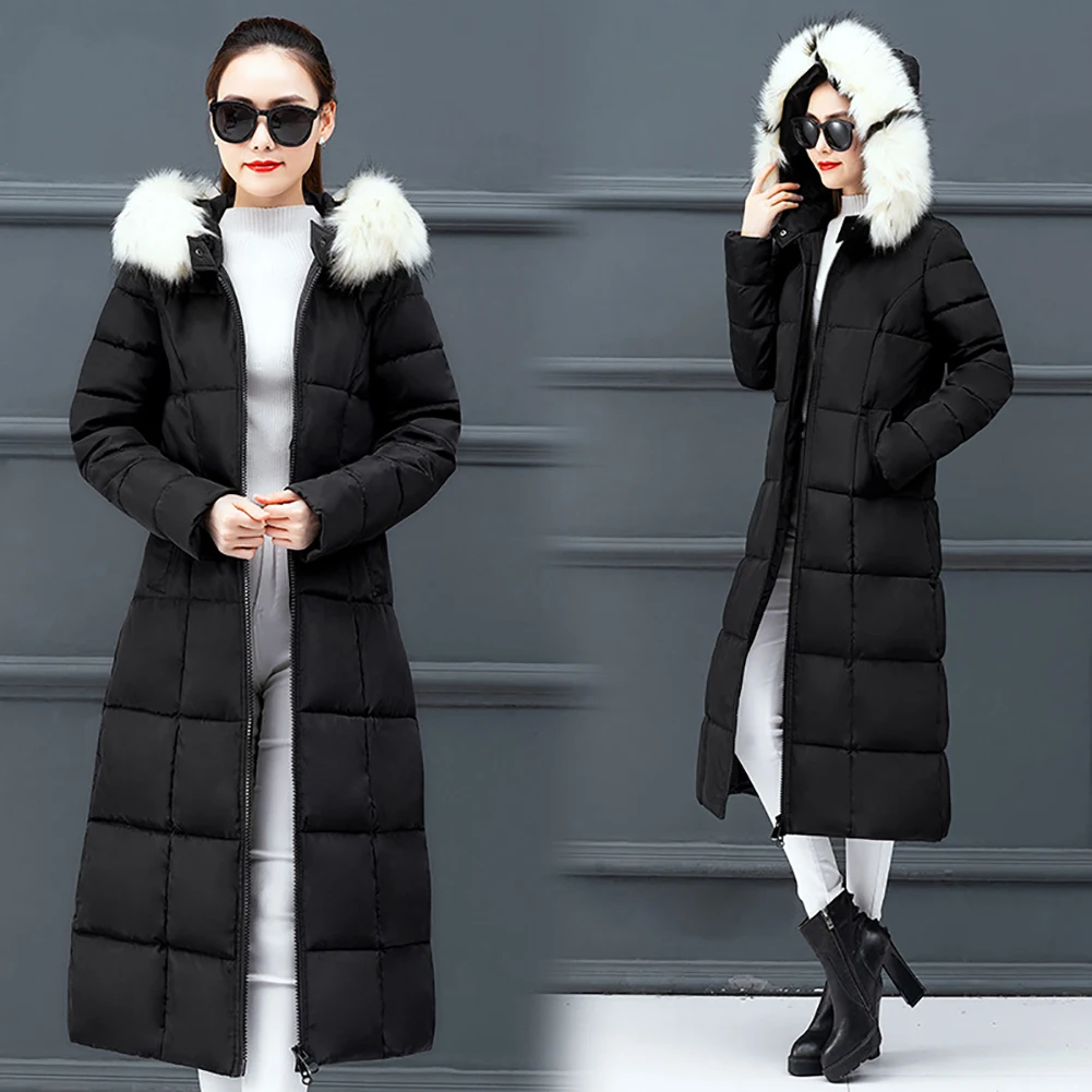 With Pockets Solid Long Sleeve Slim Fit Women Down Coat Zipper Warm Casual Windproof Thickening Daily Winter Faux Fur Hooded |