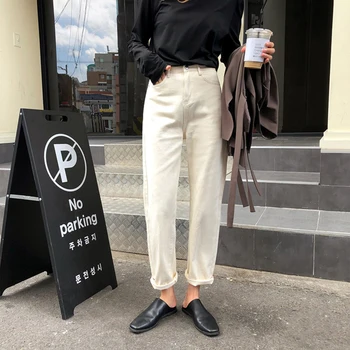 

Long Straight Pants Women Rice White Vintage Casual Slim Denim Jeans Trousers Boyfriend Korean Pants Plus Size High Waist W408