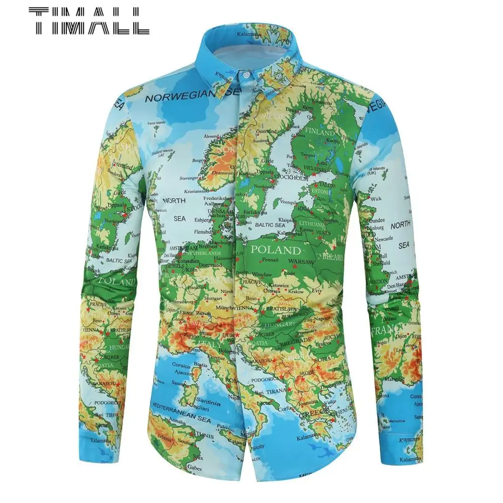 

TIMALL4 Colors New Personality Map Print Shirt Digital Print Men's Long Sleeve Chemise Homme Social Men Shirt Map Collection