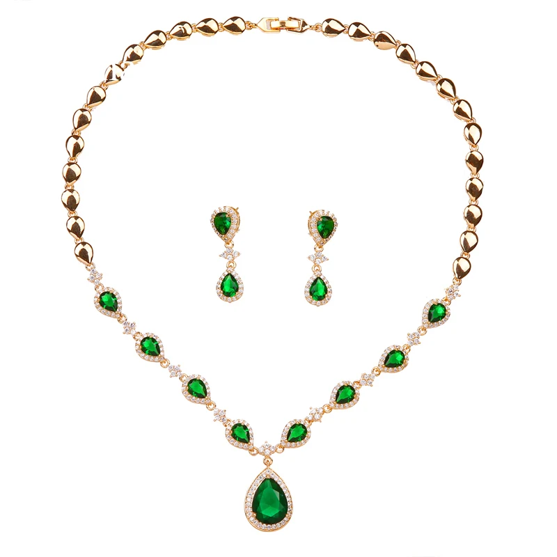 Bridal Jewelry Sets Earring Ring Sets Green Waterdrop Appearance Zirconia Charming Costume Accessories Earrings And Necklace Jewelry Sets