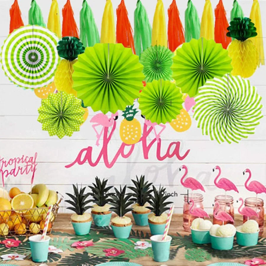 32 шт./компл. зеленый картон вентилятор Гавайи вечерние украшения Baby Shower для мальчиков и девочек с рисунком Фламинго партии сувениры принадлежности для свадебных церемоний украшения