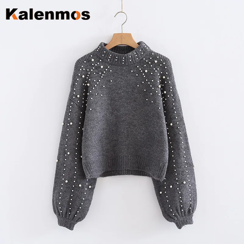 Thicker Autumn Winter Clothes Women Sweater O Neck Beading Lantern Sleeve Knitted Pullover Sweaters Ladies Casual Bottom Tops | Женская