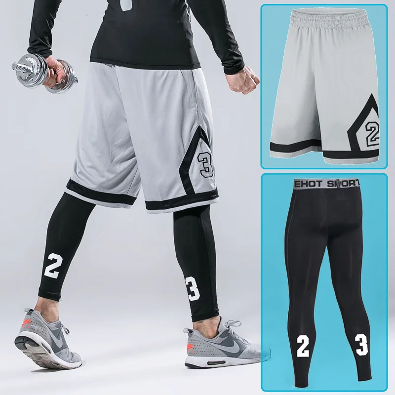 Мужские баскетбольные наборы, спортивные быстросохнущие тренировочные шорты+ колготки для мужчин, футбольные упражнения, Пешие прогулки, бег, фитнес, йога - Цвет: GraySets B