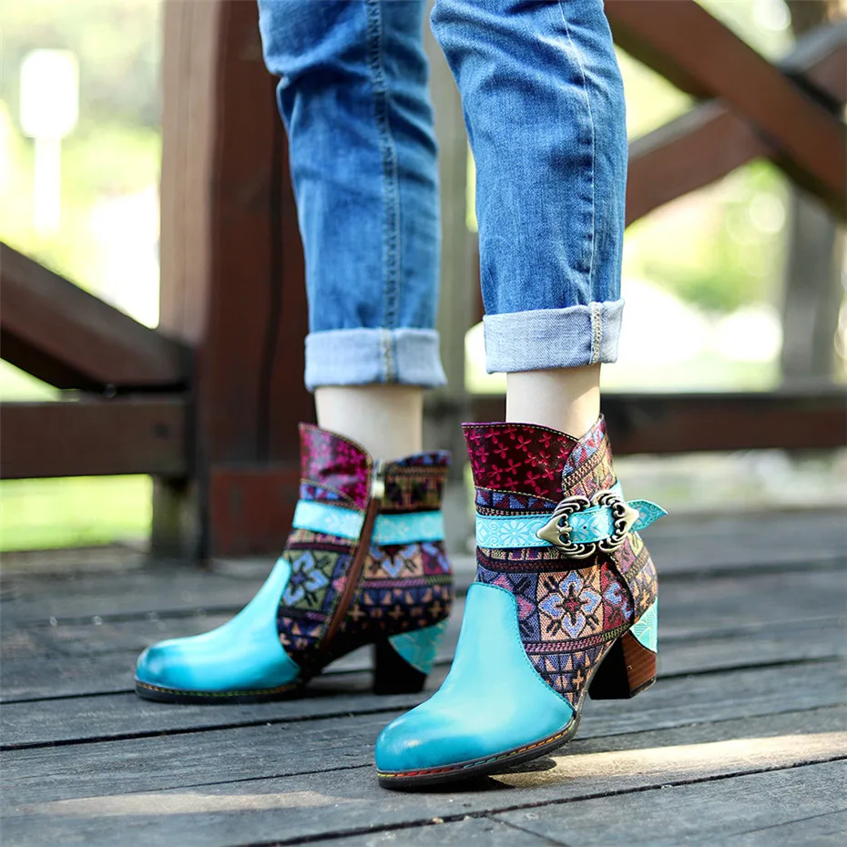 American Country Style High Heel Women Ankle Boots Retro Casual Handmade Genuine Leather Women's Western Boot Fashion Lady Shoes (13)