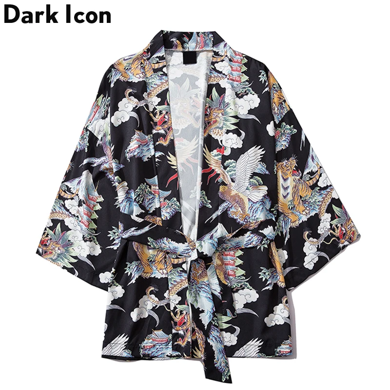 Dark Icon Three Quarter Sleeve Kimono Jacket Printed Men Streetwear Harajuku Coats Summer Sun Protect Men's | Мужская одежда