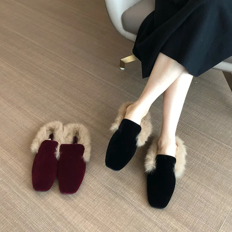 

Shoes Without Heel Loafers Slippers Fur 2019 New Women Slides Cover Toe Low Flock Flat Plush Winter Soft Rubber Rome Casual