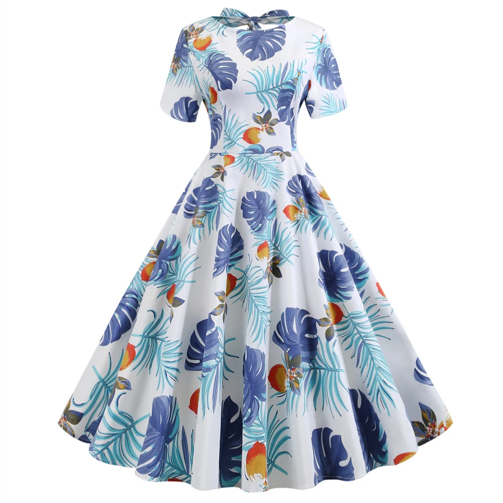 joineles 60s audrey hepburn retro kadin elbise muz yaprak baski yaz vintage elbise kisa kollu pamuklu vestidos de bayram elbise