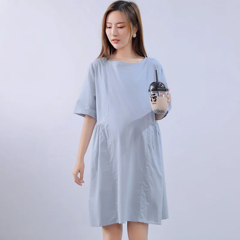 

2019 Summer High-End Literature And Art Retro Korean-style Maternity Clothes Basic Crew Neck Big Hemline-Shaped Dress