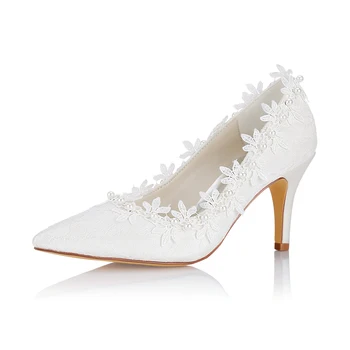 

High Heel Pointed Toe Lace Wedding Pumps Appliqued