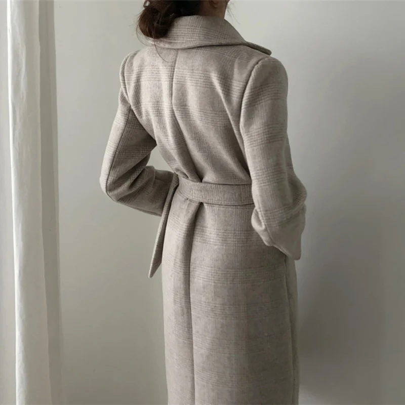 BGTEEVER, элегантное клетчатое Женское пальто, двубортное, пояс, женское длинное твидовое пальто, Осень-зима, Женское пальто