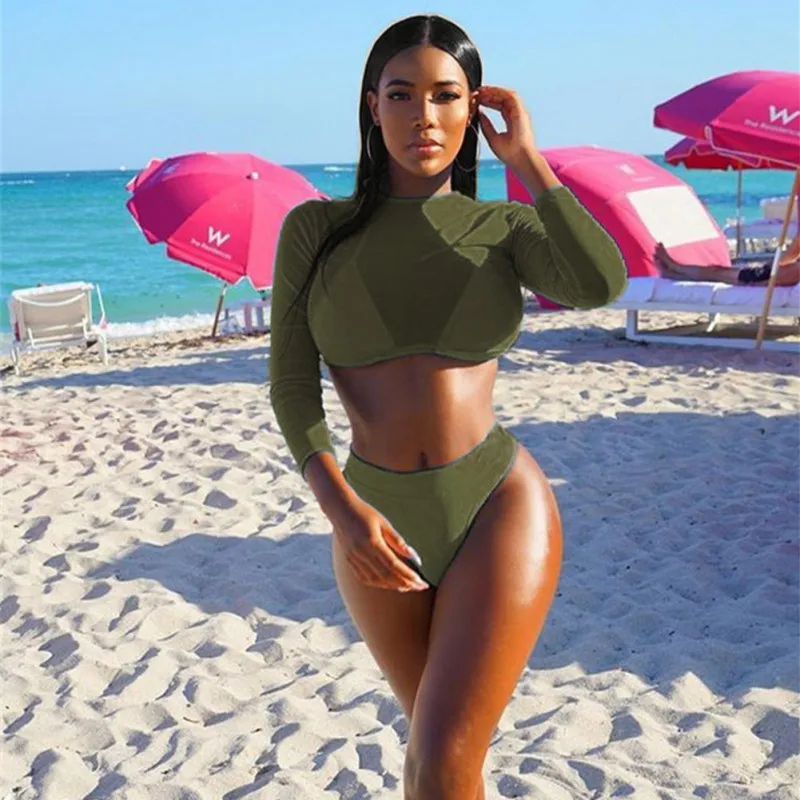 

Sexy Swimsuit Women Mesh Perspective Bikinis Solid Color High Waist Split Long Sleeve Three-Piece Sports Sunscreen Swimsuit
