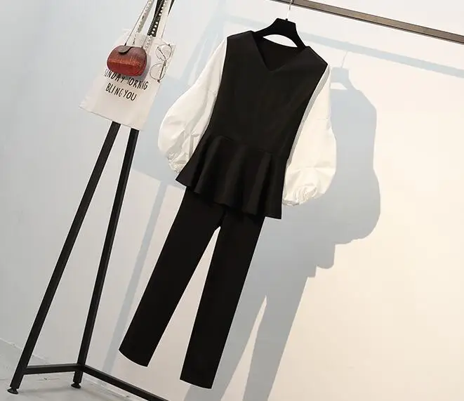 

Plus Size XL-5XL Sexy V-Neck Patchwork Puff Sleeve Shirts+High Waist Pants Women Fashion New Autumn Office Work 2 Pieces Sets