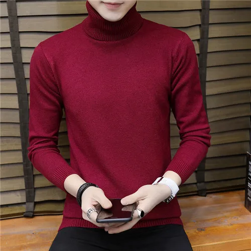 Men Turtleneck Sweater Autumn Winter Solid Color Casual Sweater Men's Slim Fit Knitted Pullovers Bottoming Jumper - Цвет: Красный