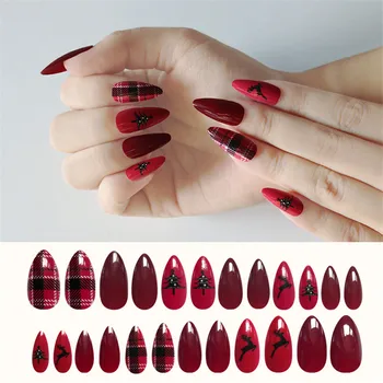 

24Pcs/set False Nails Red Christmas Nep Nagels Acrylic Classical Full Artificial Stiletto Nails Tips for Home Office faux ongles