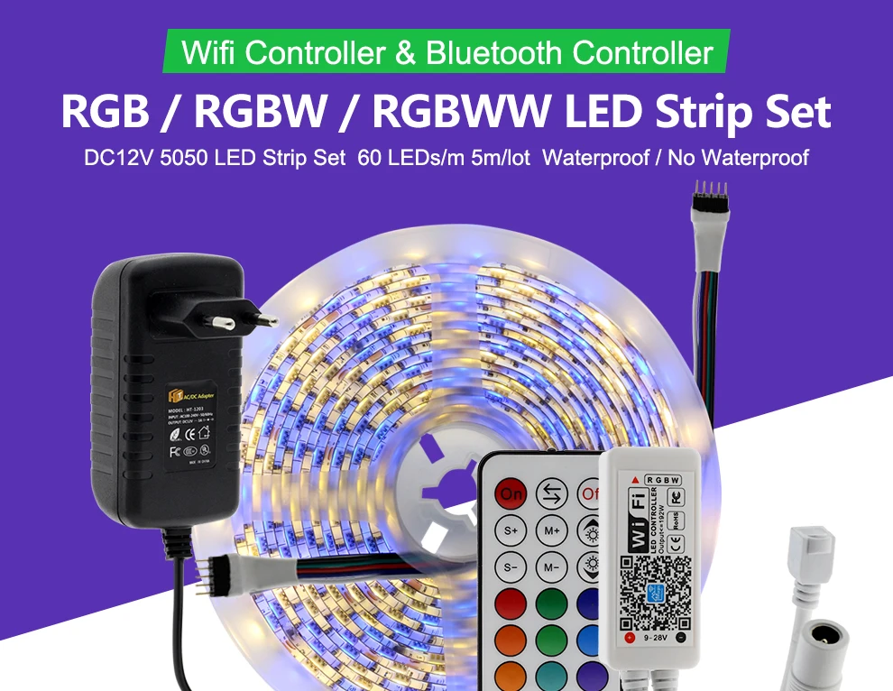 5 м wifi/Bluetooth RGB RGBW Светодиодная лента 5050 DC12V умная RGB лента Диодная неоновая лента+ wifi/Bluetooth контроллер+ адаптер