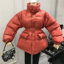 [EWQ] осень зима полный рукав толстый и беспорядок хлеб обслуживание женщина пояс тонкий хлопок-ватник одежда Свободное пальто