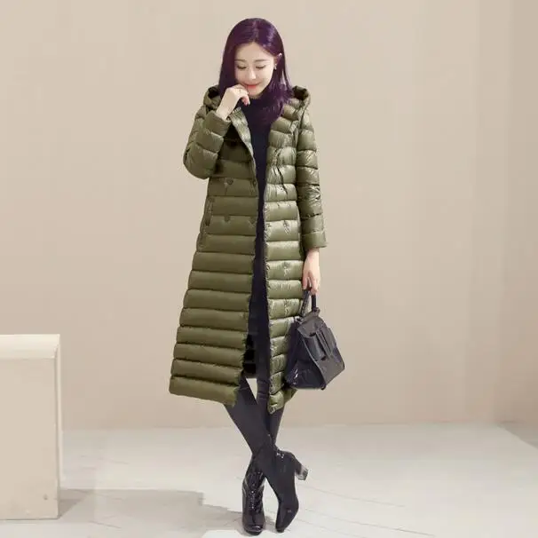 Autumn Winter Women Duck Downs Jacket Parkas Long Down Coat Ladies Ultra Light Outerwear Hooded Coats Plus Size DF818