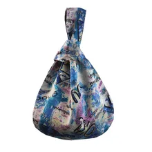 Домашний синий фиолетовый Граффити стиль джинсовая японская сумка на запястье с узлом переносная маленькая сумка прогулочная сумка