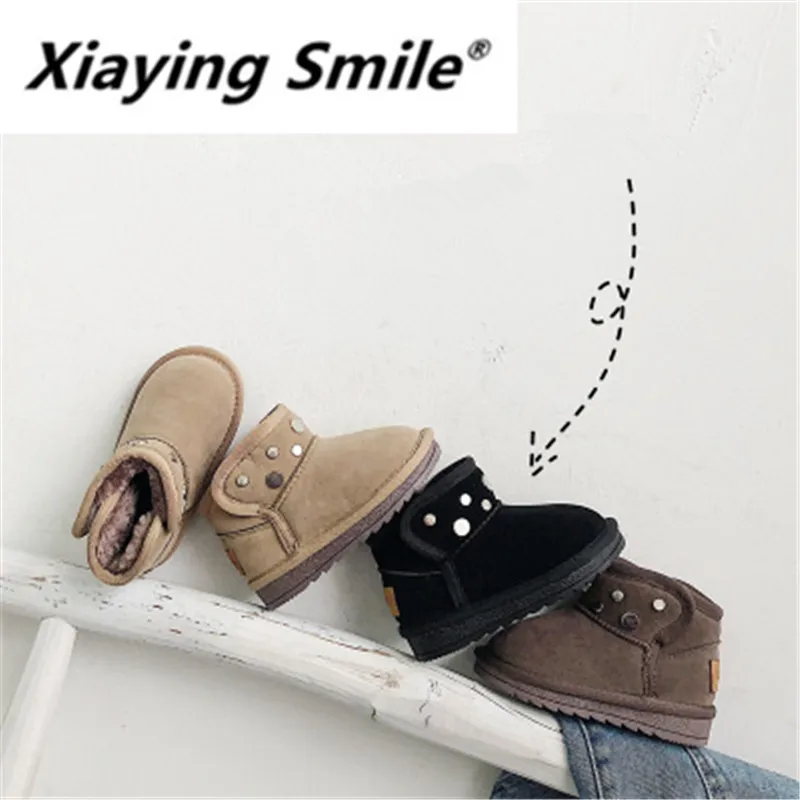 Xiaying Smile/зима ; Новая коллекция; модные детские зимние ботинки с заклепками; теплая хлопковая обувь для девочек; нескользящая обувь для мальчиков; CRT-910
