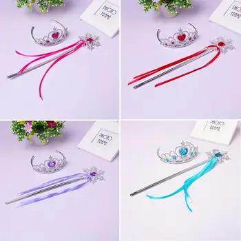 

2 Piece/set Sweet Princess Tiara Elsa Children Headband Crown Girl Magic Stickwands Party Gift Hair Jewelr Cosplay Accessories