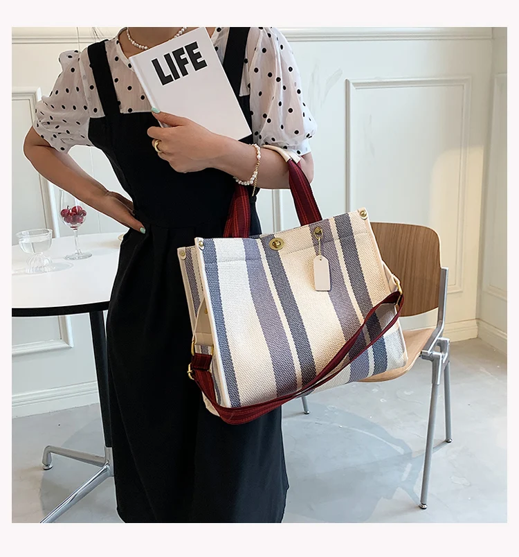 Fashion Striped Canvas Women Shoulder Bag Big Capacity Shopper Bags For Women Casual Wide Strap Handbag Women's Bag Commute Tote