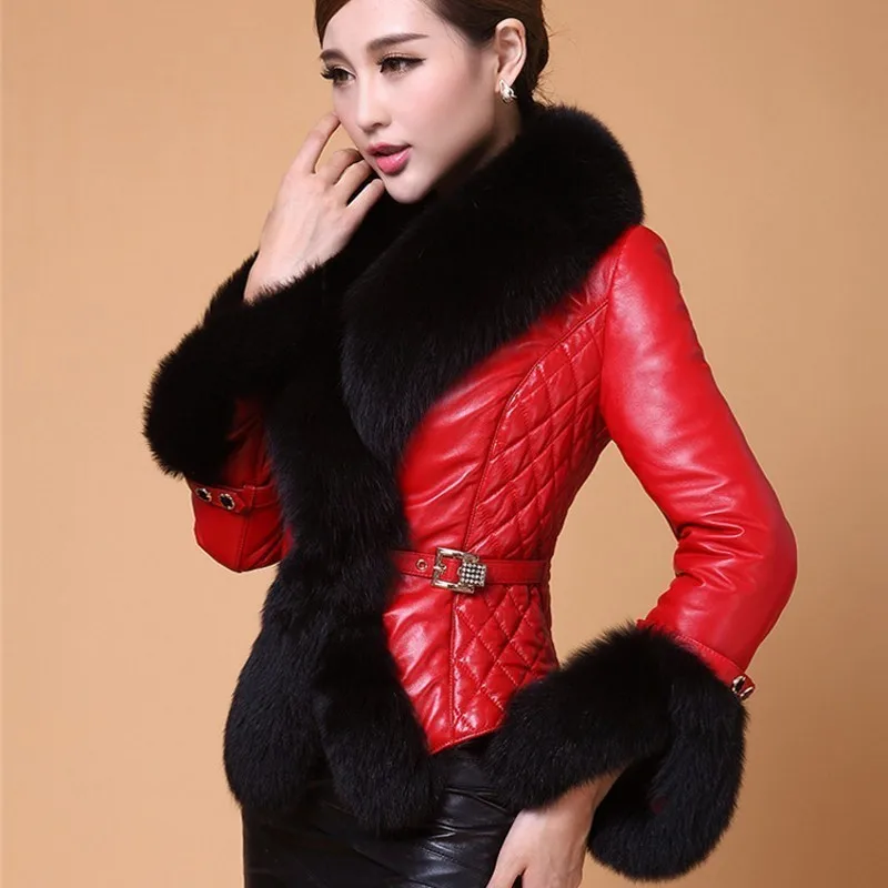 

Faux Fox Fur Collar Patchwork PU Leather Womens Short Jackets Long Sleeve Belt Slim Fit Qualities Female Thick Coats Plus Size