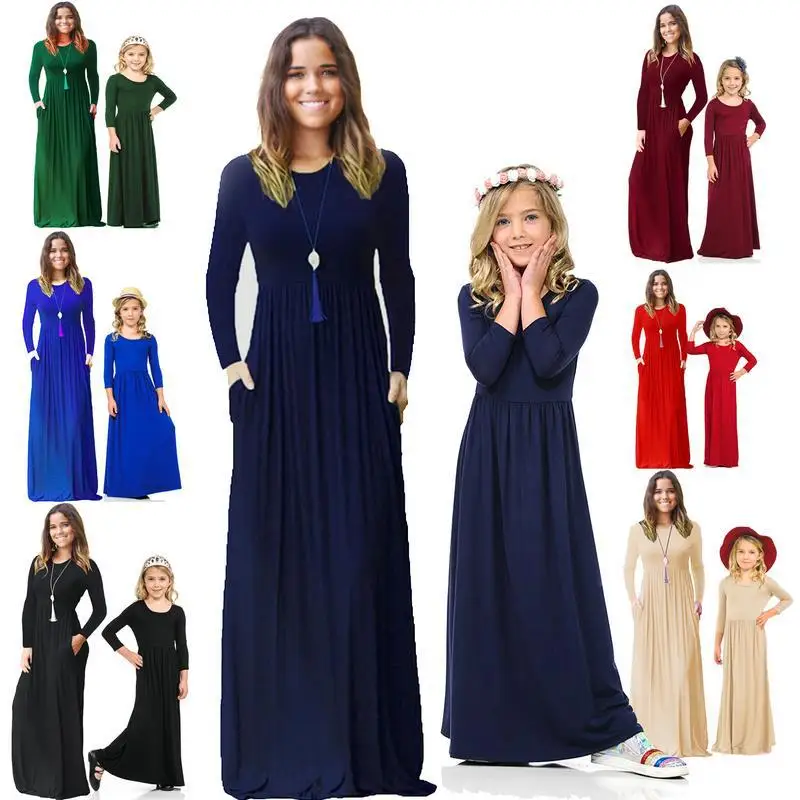 

Mother Daughter Party Dress Autumn Spring Clothes Solid Long Sleeve Dresses Family Costume Pockets Women Girl Princess Vestido