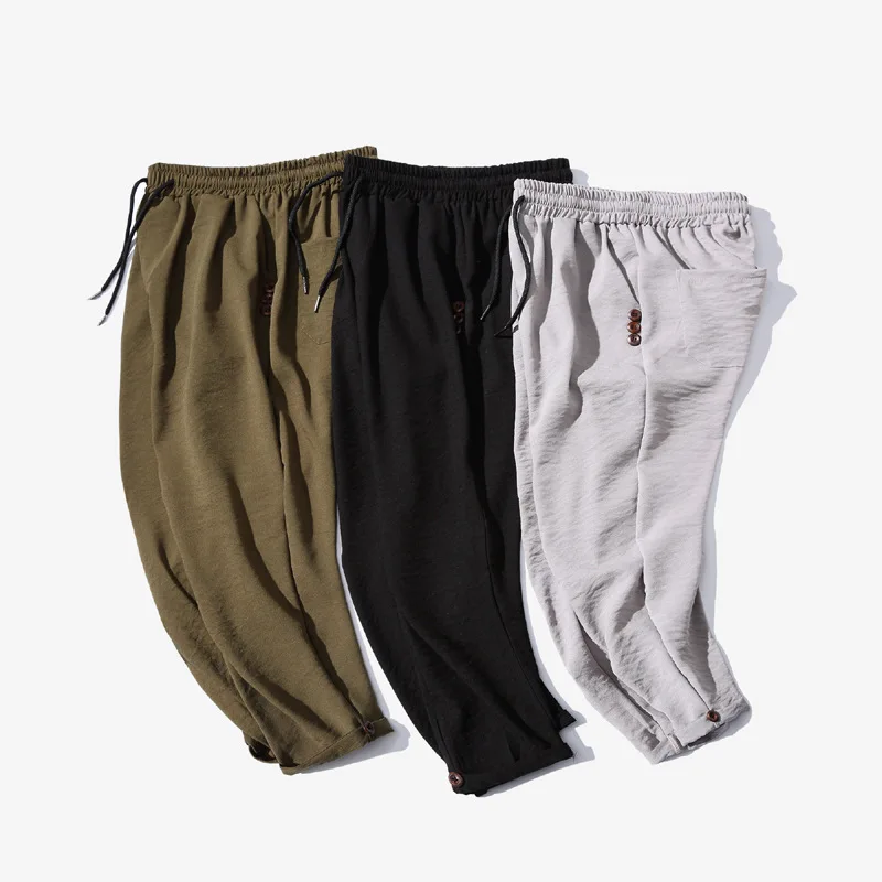 

New Style Japanese-style Men Solid Color Cotton Linen Capri Pants Button Crimping Skinny Pants Summer Thin Section Cotton Linen