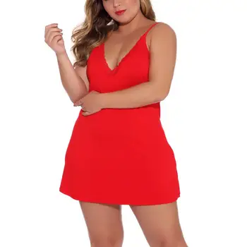 

Plus Size 4XL See Hanging Skirt V Collar Sexy Lingerie Women Lace Dress Sleepwear Underwear Babydolls Sheer Sleepwear Chemises