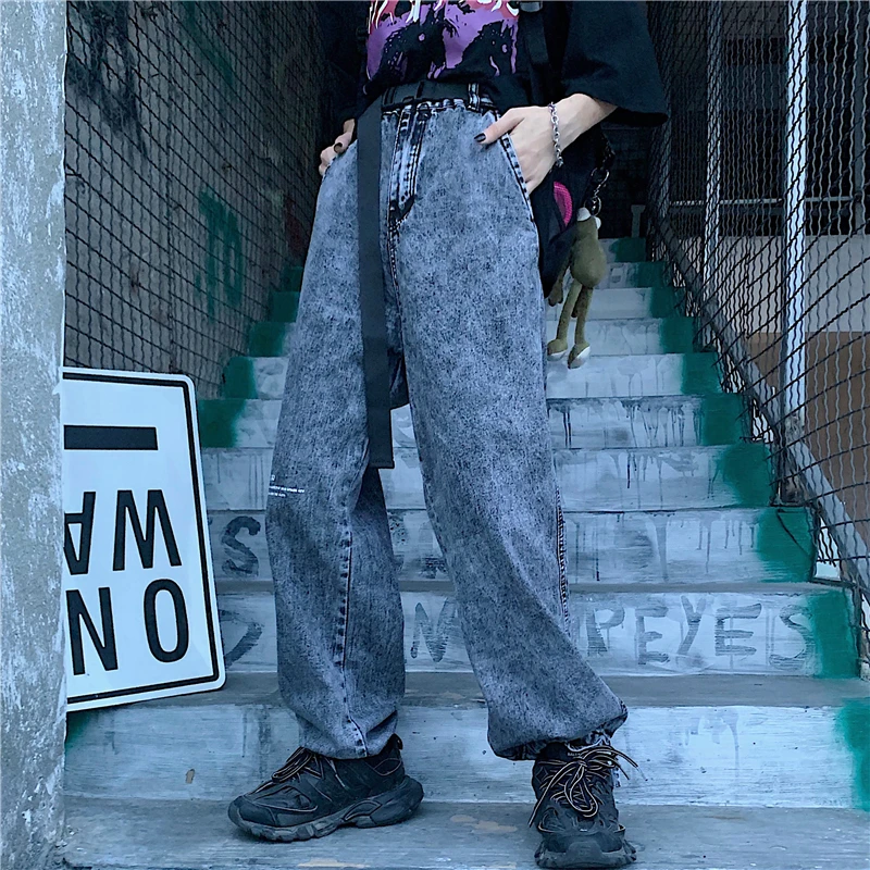 Эластичный пояс с буквенным принтом галстук подол спортивный костюм для бега винтажные свободные джинсовые женские укороченные брюки больших размеров женские мужские уличные Harajuku корейские джинсы