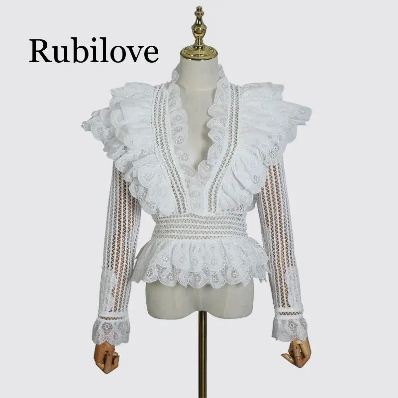 Rubilove Женская подиумная модная открытая блузка с v-образным вырезом Женская белая блузка с длинным рукавом Топ белая OL Весенняя офисная кружевная блузка