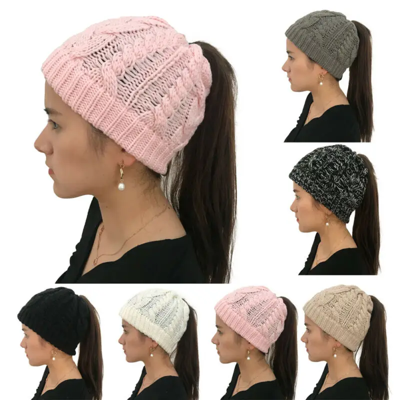 Лидер продаж, женские эластичные вязаные акриловые вязаные крючком шапки для девочек, шапка s Messy Bun Ponytail Beanie Holey, теплая зимняя шапка, теплая Кепка-бини