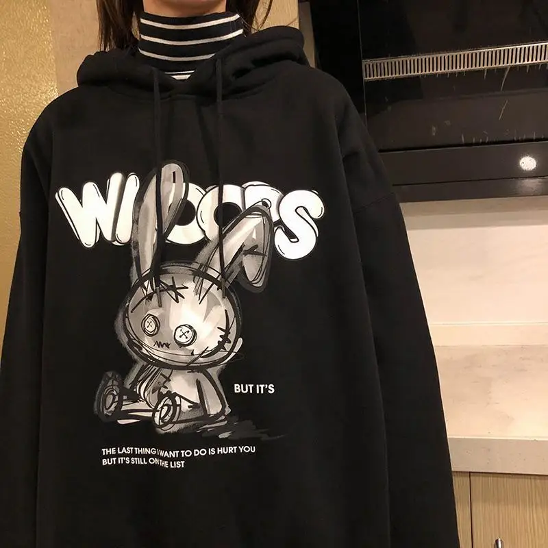 QWEEK Gothic Harajuku Hoodies Women Streetwear Dark Rabbit Bunny Print Long Sleeve Black Tops Mall Goth Clothing Alt 2021 Autumn