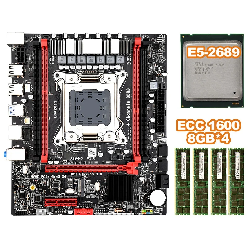 PPYY-X79MS LGA2011 набор материнских плат комбо с Intel E5 2689 4-Ch 4x8 Гб оперативной памяти, 32G 1600 МГц DDR3 кода коррекции ошибок Поддержка M.2 NVMe SATA3 USB3.0
