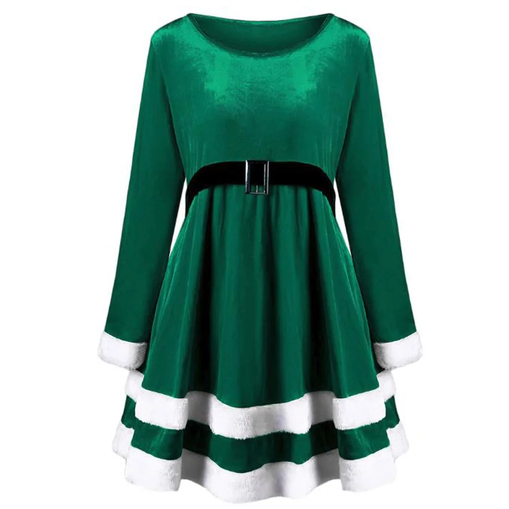 Goedkoop Winter Kerst Jurk Vrouwen Lange Mouw Patchwork Velvet Party Jurken Kerstman Cosplay Kostuum Groen Rood Herfst Jurk Gewaden