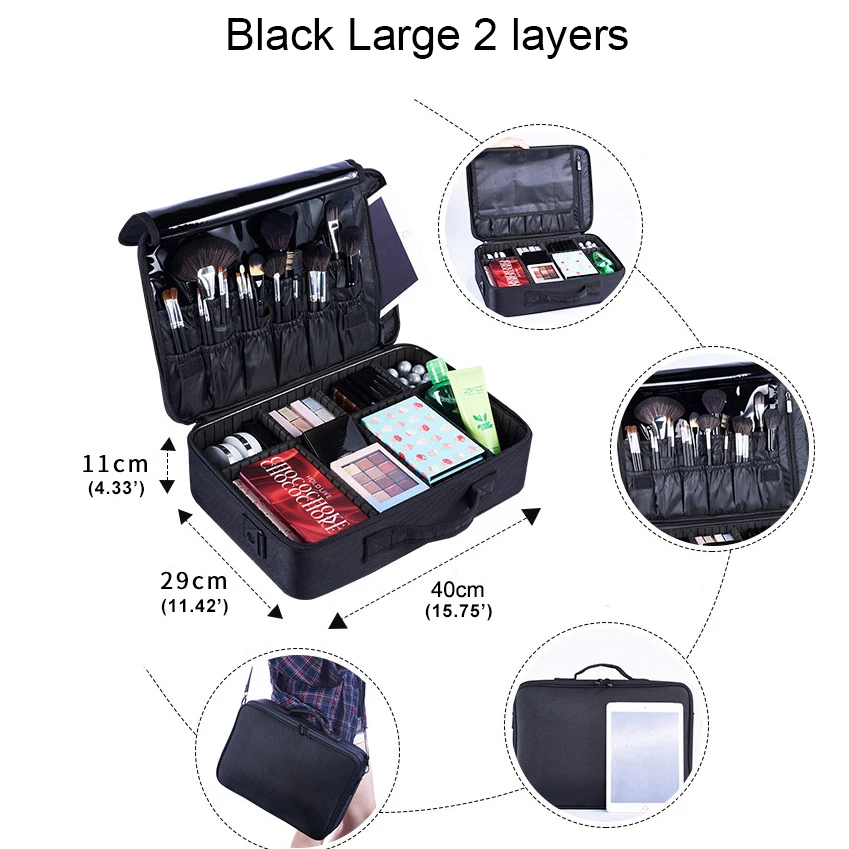 Black L 2 layers Высокое качество, косметичка, профессиональный чехол для макияжа, органайзер для макияжа, Bolso Mujer, косметический чехол, большая емкость, сумка для хранения - Цвет: Black L 2 layers